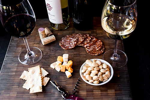 Cheese and Meat Board with White and Red Wine